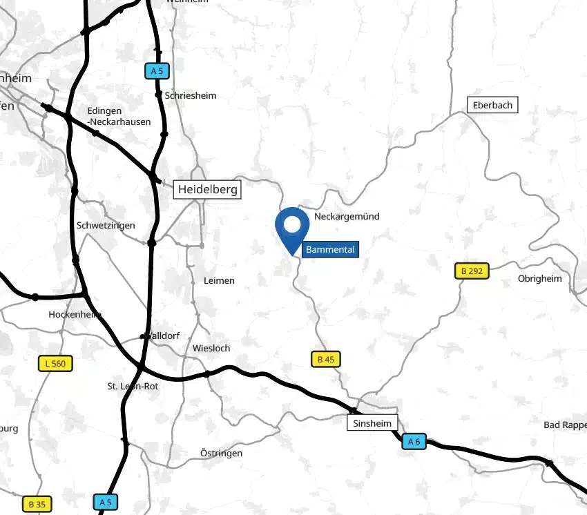 Karte mit der Lage Bammentals in der Nähe von Heidelberg, Deutschland, mit den Hauptstraßen A5 und A6 in der dynamischen Rhein-Neckar-Region.